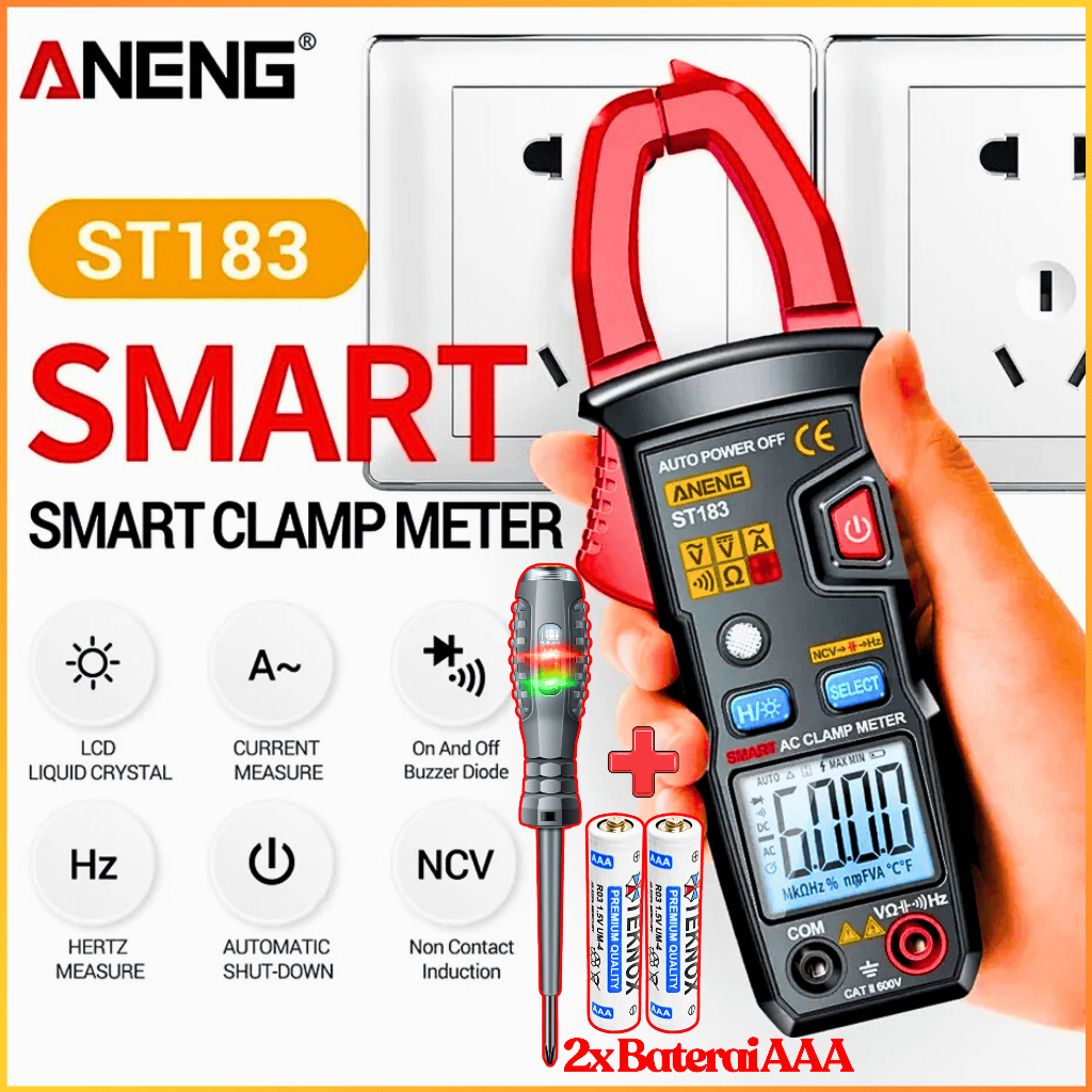 COD ANENG ST183 Tang Ampere AC/DC Digital LCD Clamp Meter + Obeng Tespen Listrik + 2 Pcs Baterai AAA