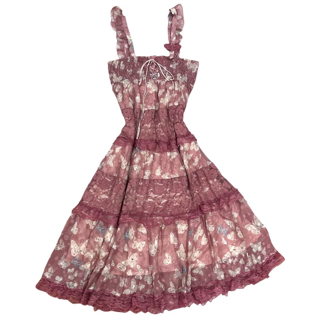 Axes Femme Tiered Lace Butterfly Lace Up Smocked Fairycore Ruffle Dress | Jumpskirt jsk overall laye