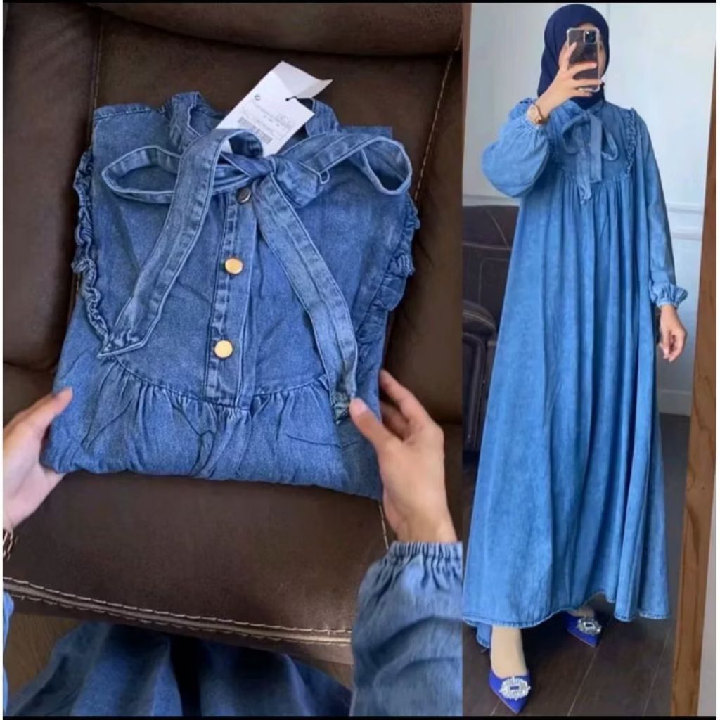 Ribbon Dress Gamis Jeans Premium Terbaru 2025 / Baju Gamis Wanita Busui Kekinian