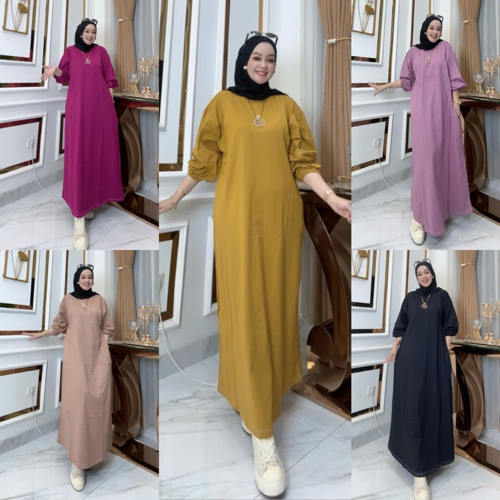 Longdress wanita Busui jumbo by Nabil // Gamis kaos Combatt lengan balon premium