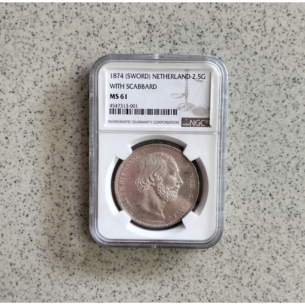 NGC MS 61 Koin Perak 2.5 Gulden Willem III Netherland 1874 (Sword) Silver Coin