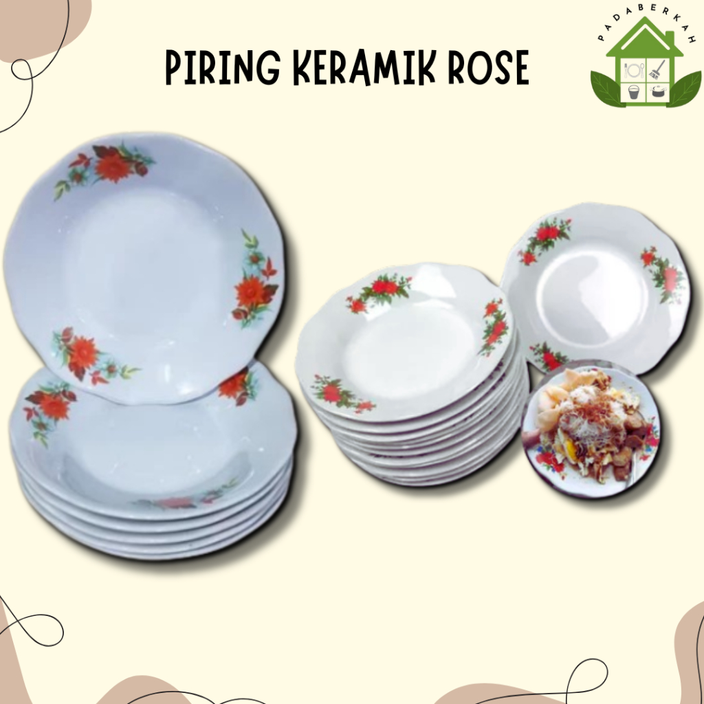 Piring Keramik Lucky Kembang Rose Piring Makan Bunga 9inch 12 Pcs