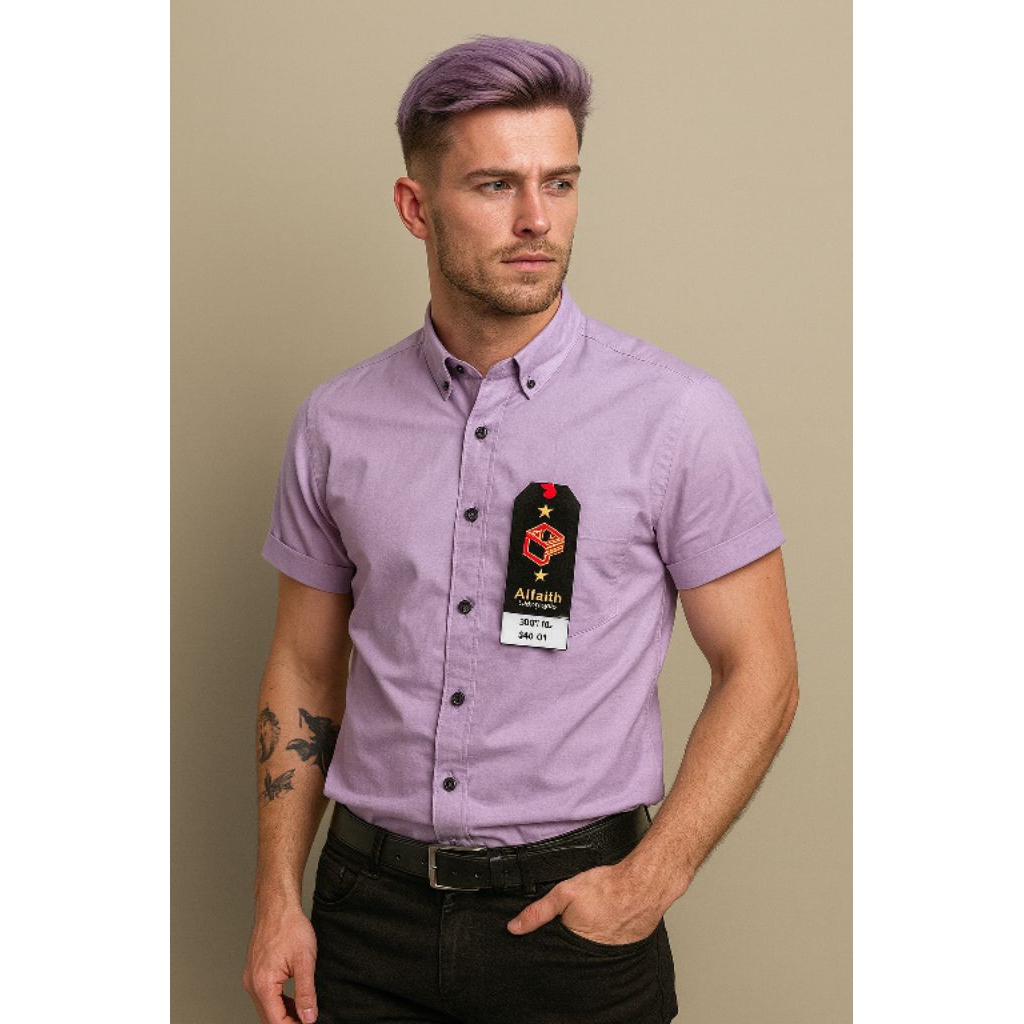 Kemeja polos pendek cowok warna lillac lavender ungu muda