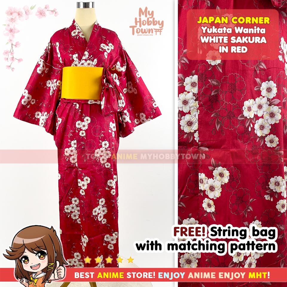 Yukata Kimono Wanita : White Sakura In Red - Baju Jepang