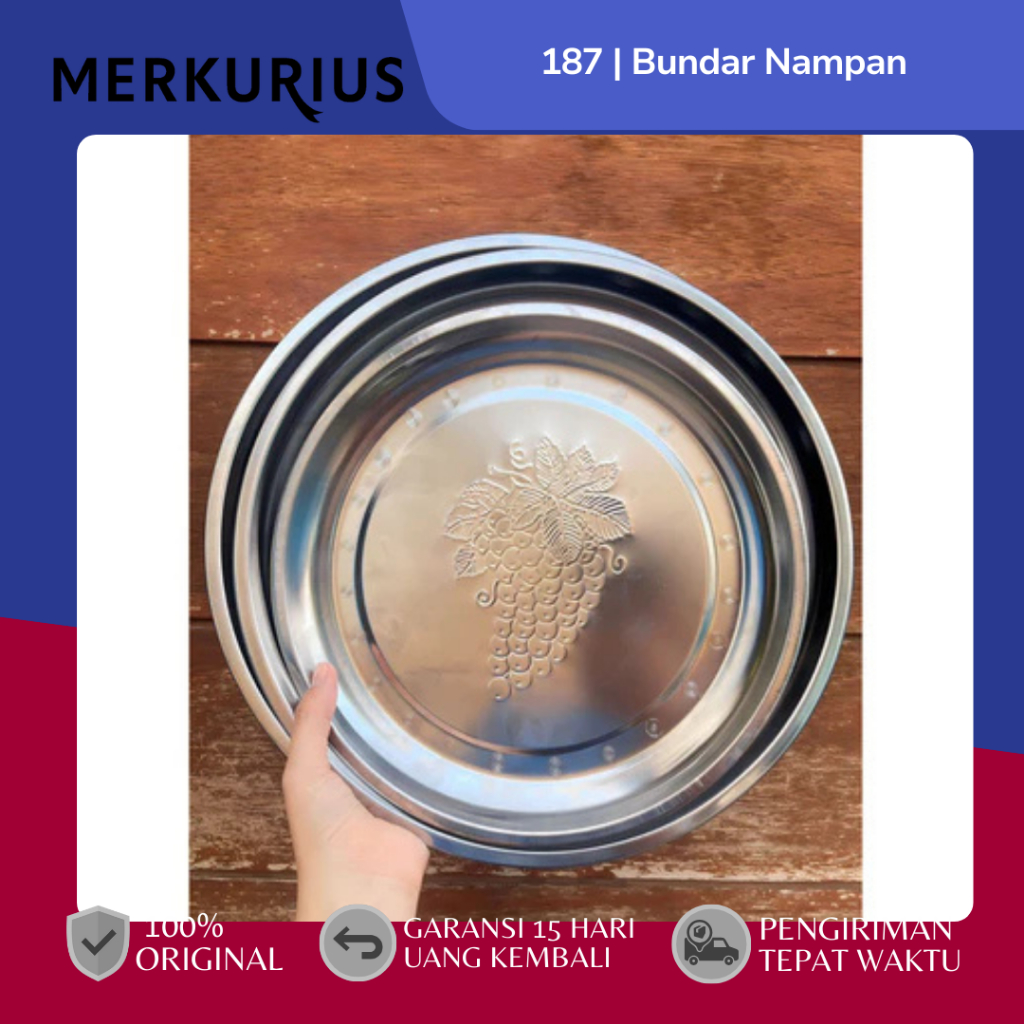 Merkurius Nampan Bulat Stainless Motif Buah Anggur Elegan 28–34 cm