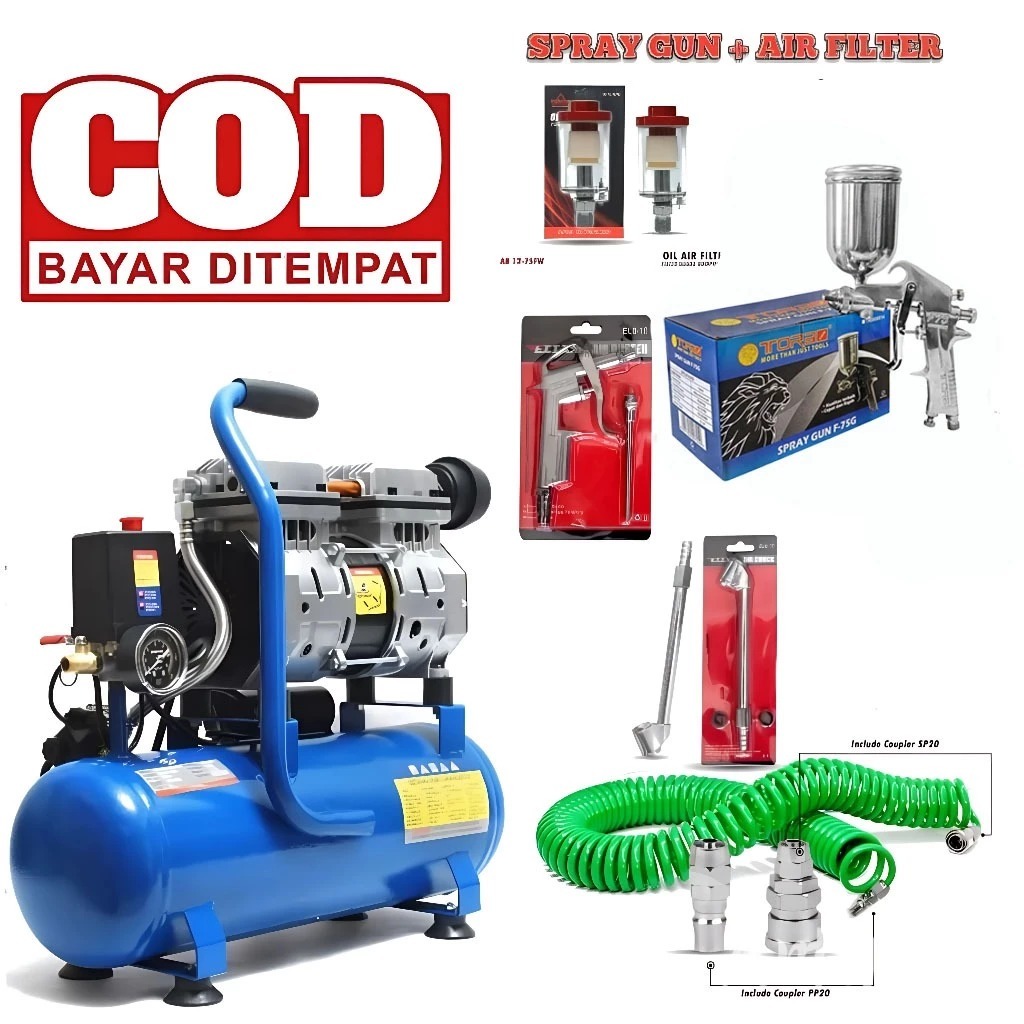 PROMO PAKET 6 ITEM KOMPRESOR HL Mesin Kompresor Listrik Oilless HL 1 HP 9 Liter 750 watt KOMPRESOR P