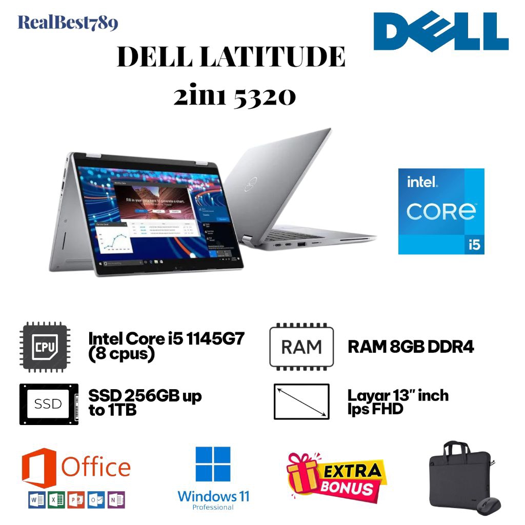 Laptop 2in1 Dell Latitude 5320 / 5330 Core i5 / i7 Ram 16GB Ssd 1TB Layar 13in Touchscreen Bisa Dili