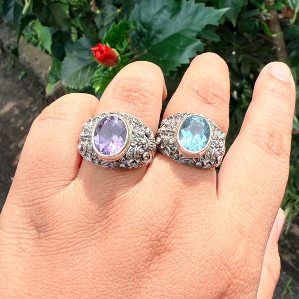 Cincin Ring Perak Silver Bali Asli 925 Barong Rangda Batu Akik Permata Blue Topaz Amethyst Kecubung 