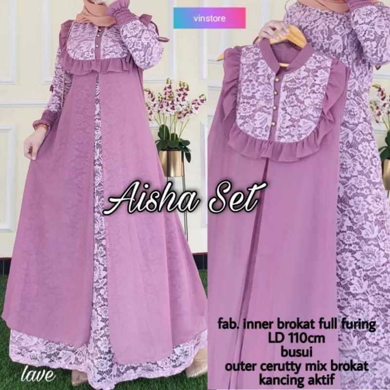 Aisha set / Gamis dress wanita inner + outer brukat mewah simpel / Terbaru