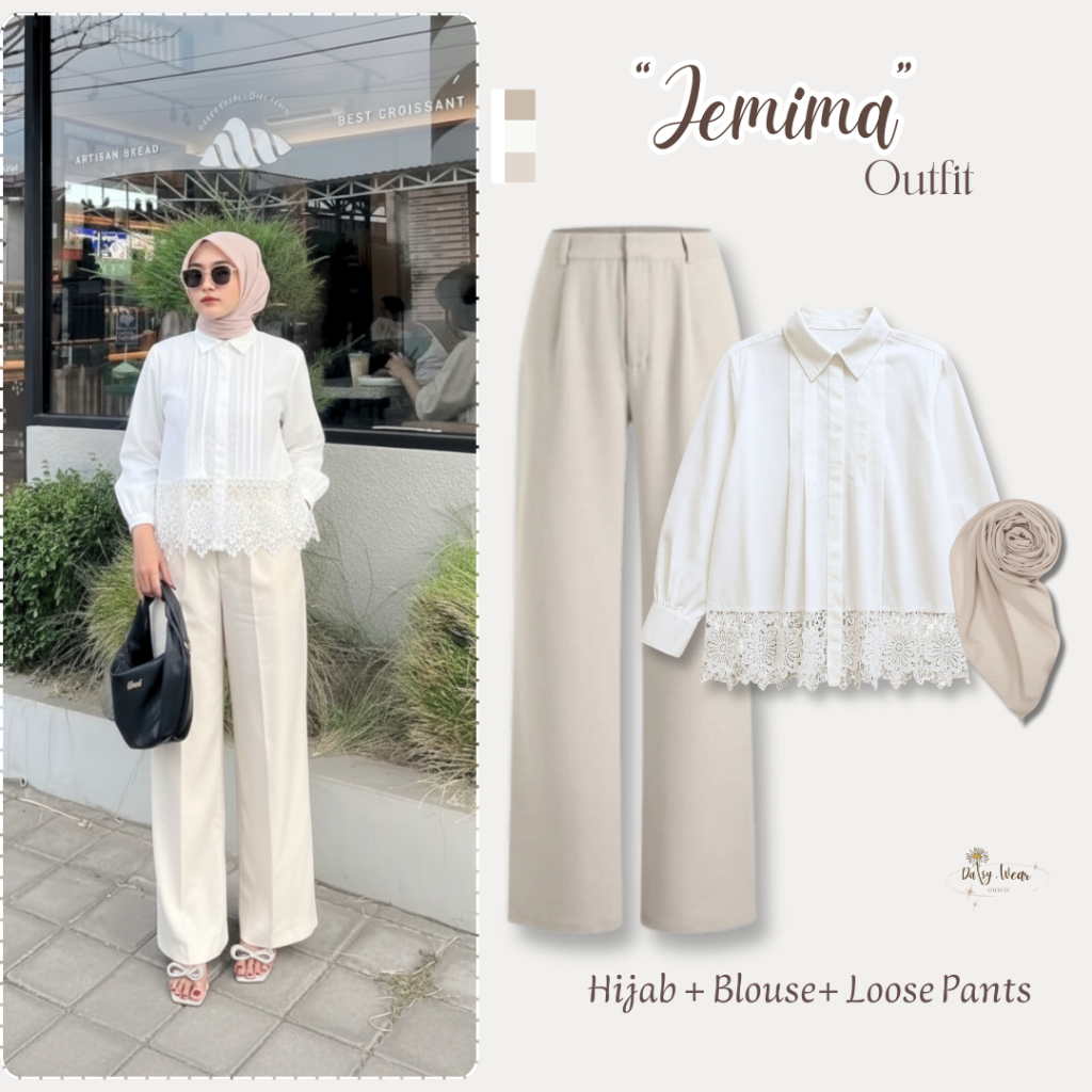 Oneset Hijabers Jemima | Blouse Jema Putih Katun Toyobo + Loose Pants Jennie Knit Ivory + Segiempat 