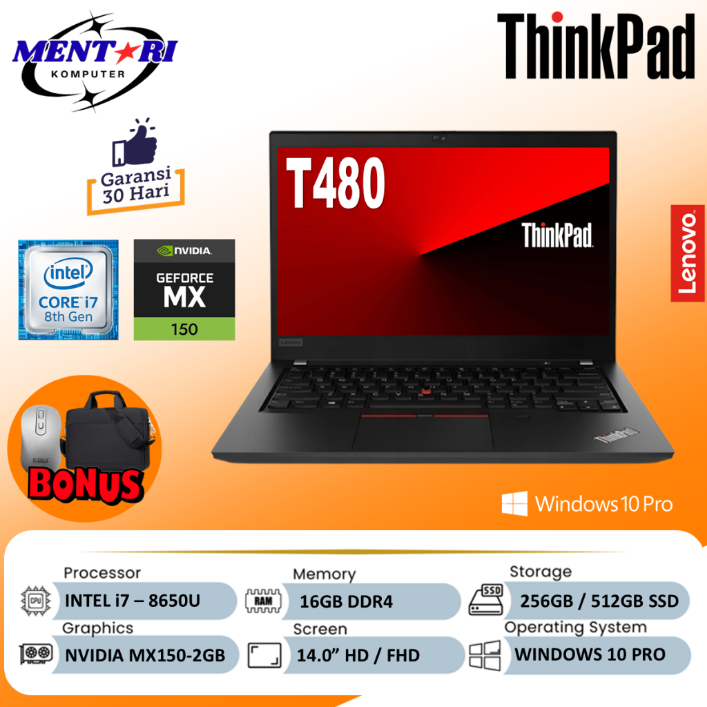 Laptop LENOVO THINKPAD T480 CORE i7 8650U 16GB 512GB NVIDIA MX150-2GB Win10 Pro