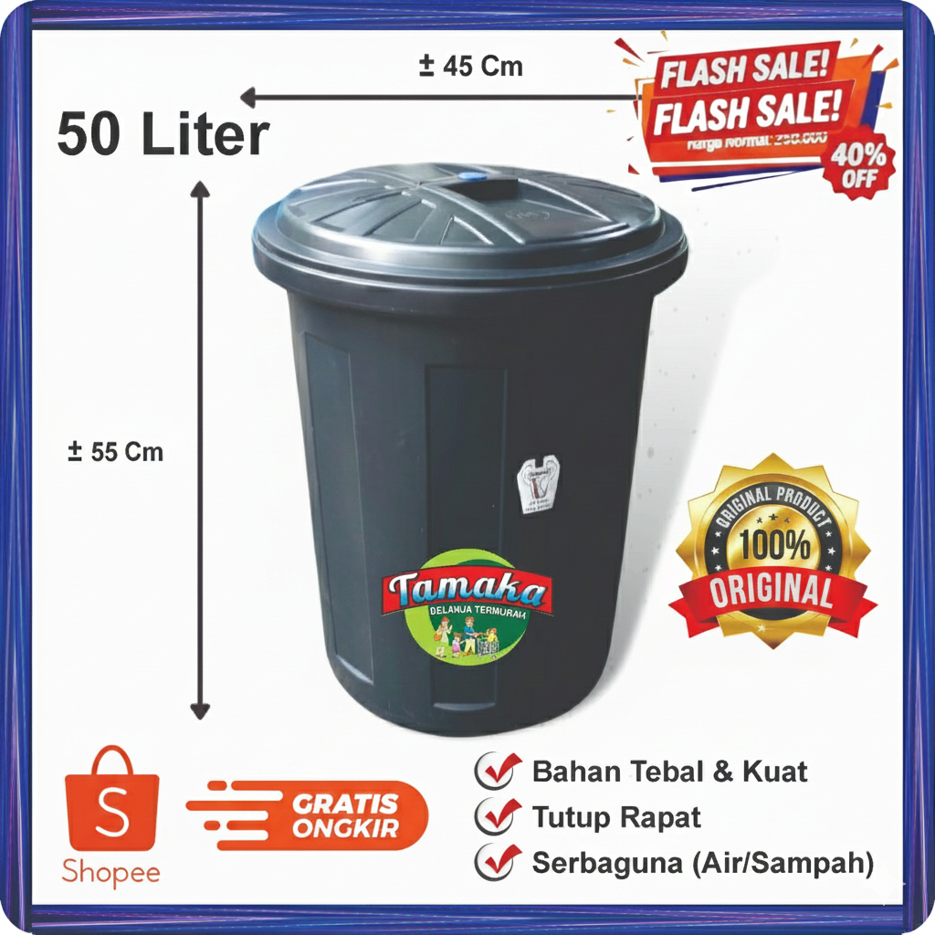 Tong Air / Tempat sampah / Ember Besar Bulat Plastik + Tutup 50 Liter/ Tong Serbaguna