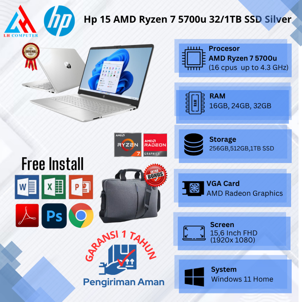 Laptop Baru HP 15 AMD Ryzen 7 5700u 16cpus 4,3GHz 32/1TB SSD