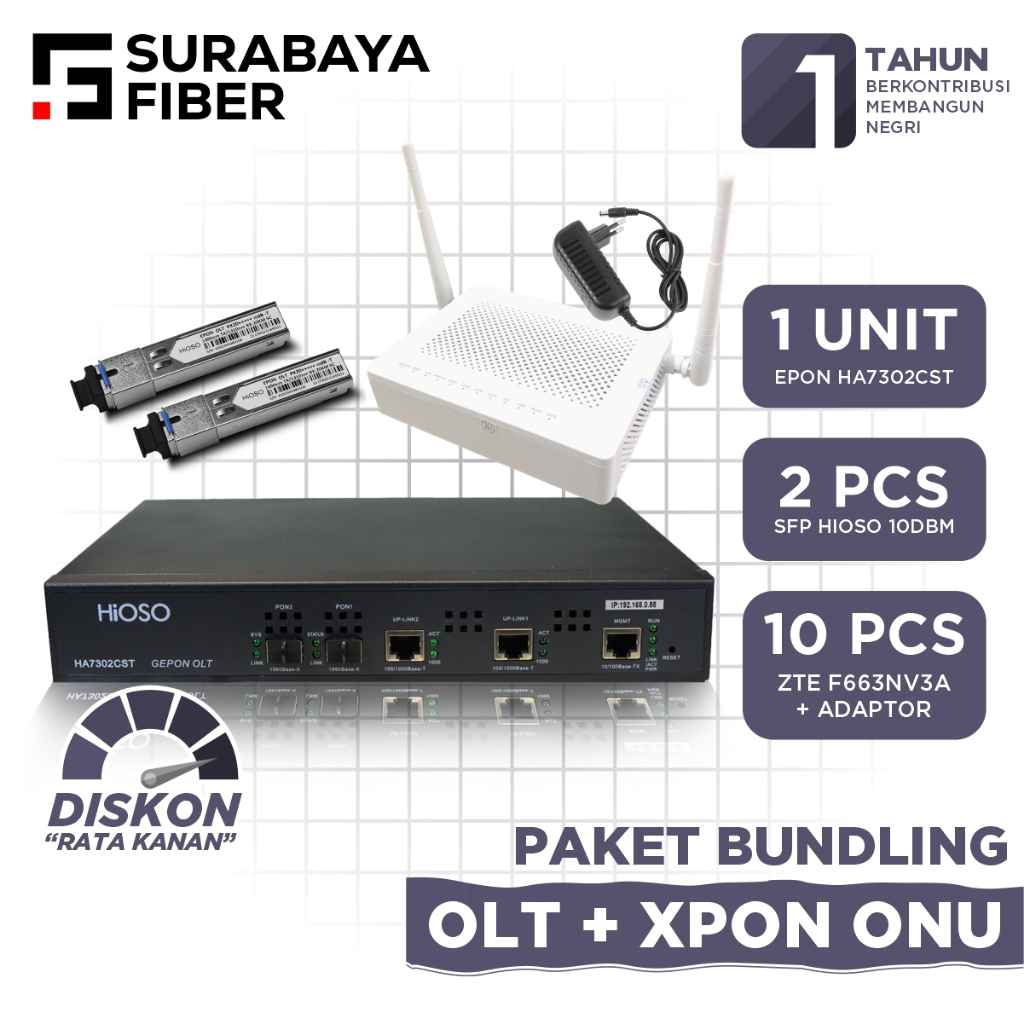 Bundling OLT EPON HIOSO 2 Port + 2 SFP 10dB + 10 Pcs XPON ZTE F663NV3A - Garansi Resmi 1 Tahun