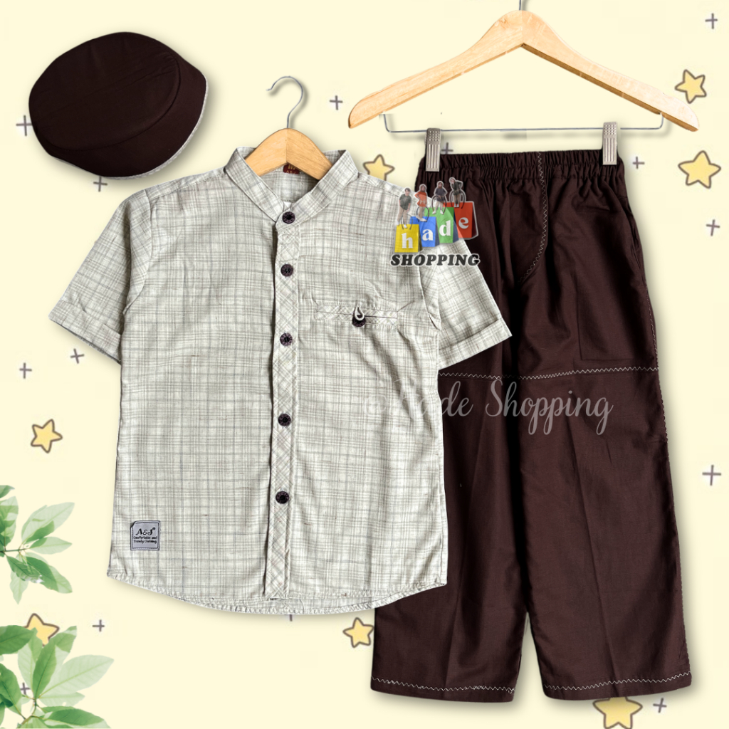 SETELAN KOKO ANAK A&J AL FATTAH LENGAN PENDEK Usia 3-13 Th Plus Peci Bahan Katun Touch Premium