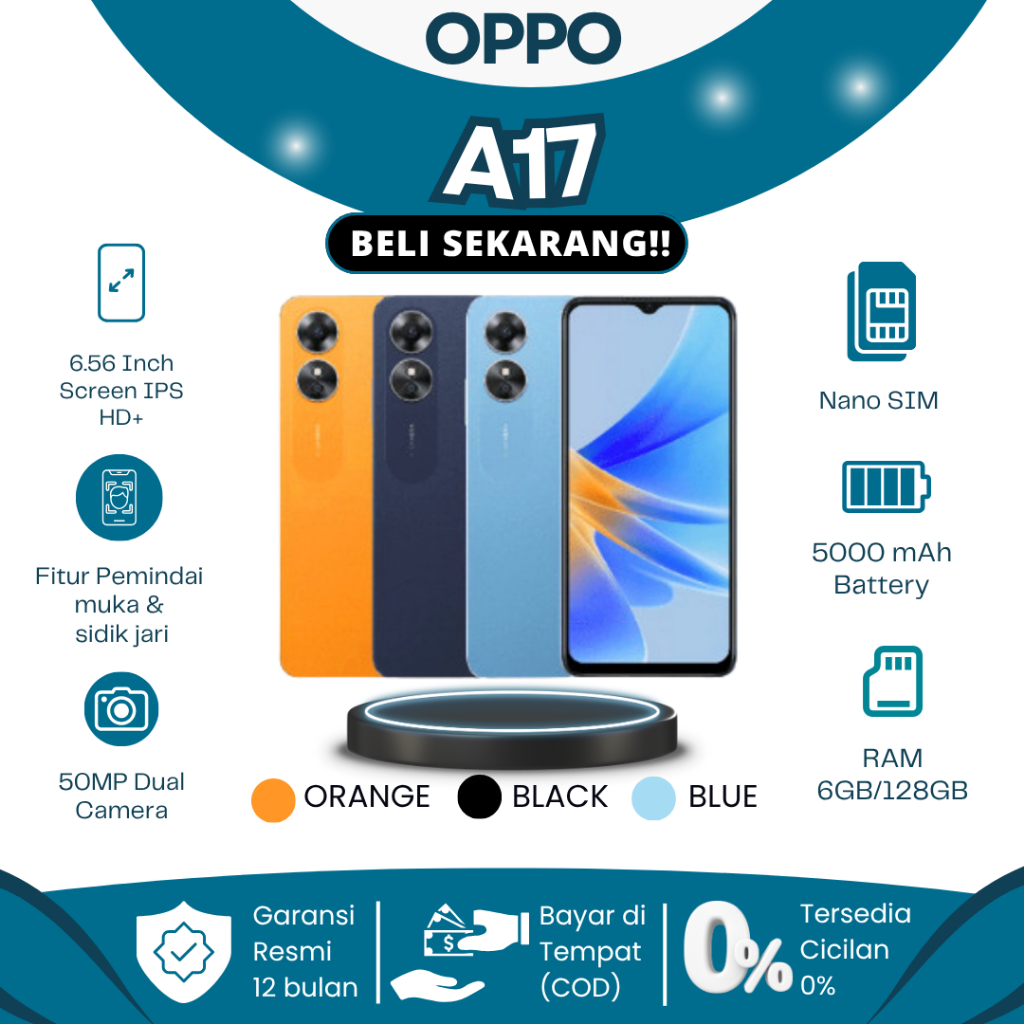 OPPO A17 RAM 4/64GB/128GB  Asli Terbaru 2025 – HP Murah Layar 6.56HD+ Helio G35 Baterai 5000mAh