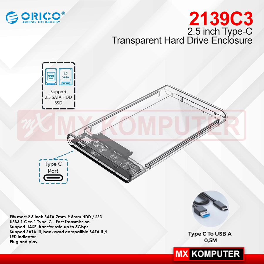 ORICO 2139C3 2.5 inch Type-C Transparent Hard Drive Enclosure