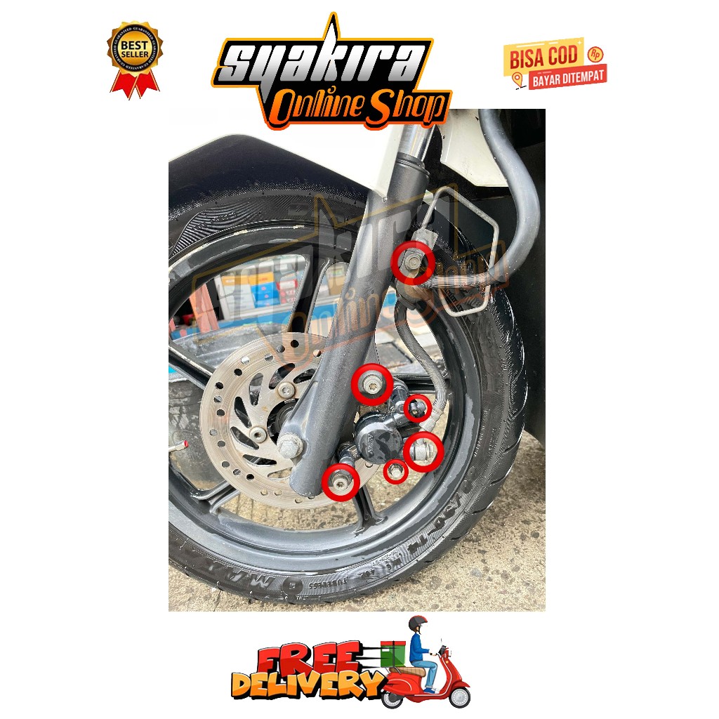 BAUT BREKET + REM + BANJO + NEPEL + TOJOSAN KALIPER DEPAN ( 6 BAUT ) BEAT SCOOPY KARBU FI ESP SPACY 