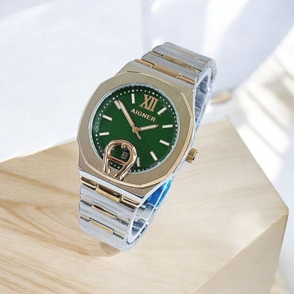 GROSIR TERMURAH...Jam Tangan Wanita Elegan Mewah New AIGNER TAVIANO Tgl Aktif Rantai Stainless Steel