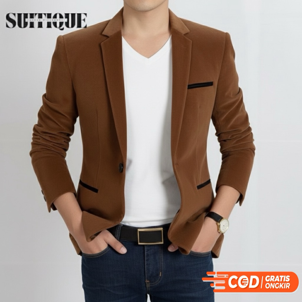 Suitique ID Jas Pria Korea Style Coklat – Blazer Modern Slim Fit untuk Kondangan & Kantor