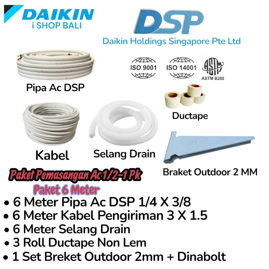Paket Pipa Ac Daikin DSP 6 Meter Paket Lengkap Matrial Pemasangan Ac 1/2-1 Pk Menggunakan Pipa Daiki