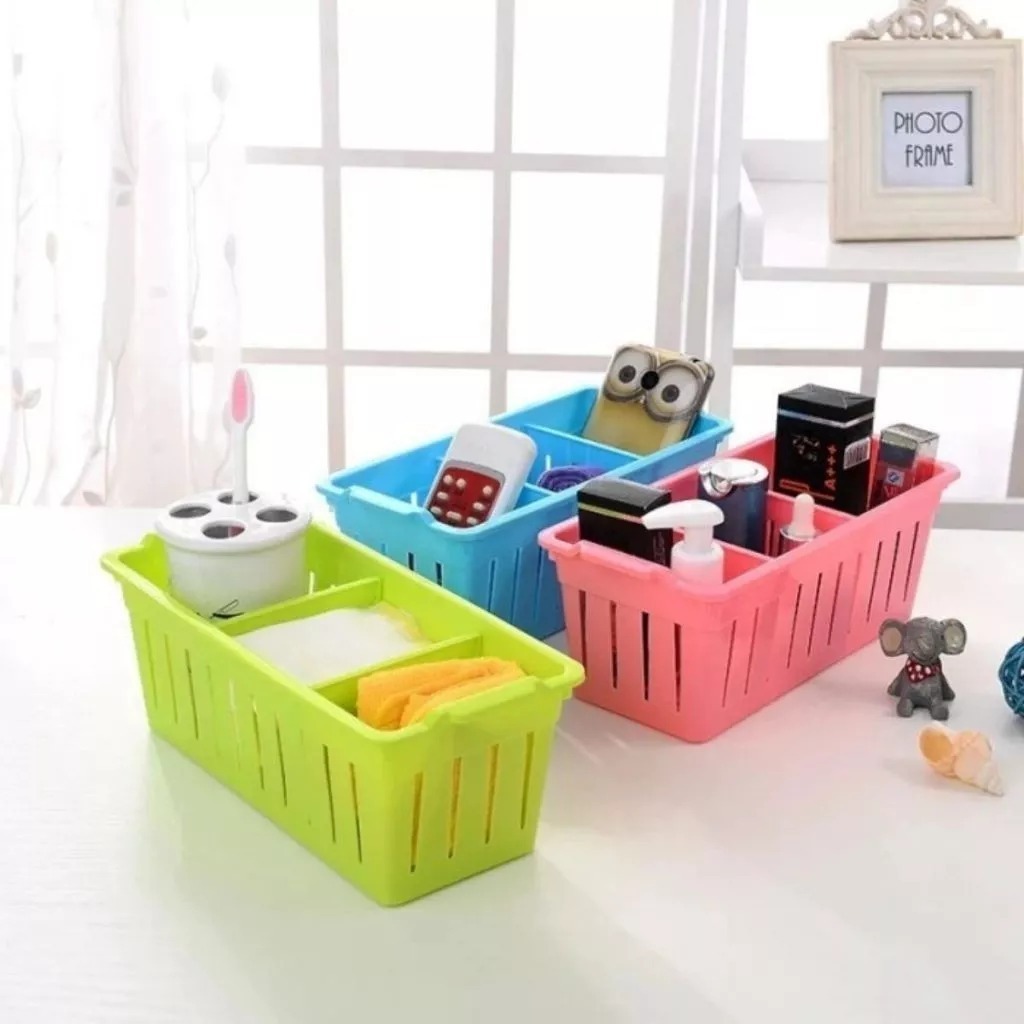 Rak Plastik 3 Sekat Partisi / Keranjang Penyimpanan Kosmetik ATK Bumbu Tempat Sabun Serbaguna