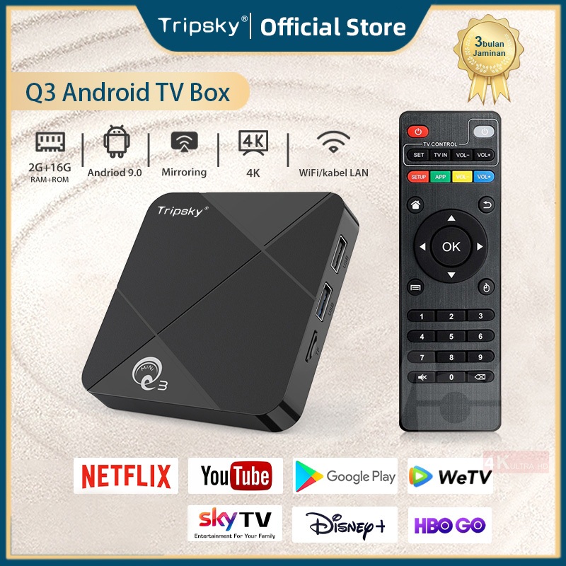 TERBARU TRIPSKY MINIQ3 ANDROID TV BOX 2G RAM 16G ROM ANDROID 9 OS SMART TV BOX 4K HD STB ANDROID TV