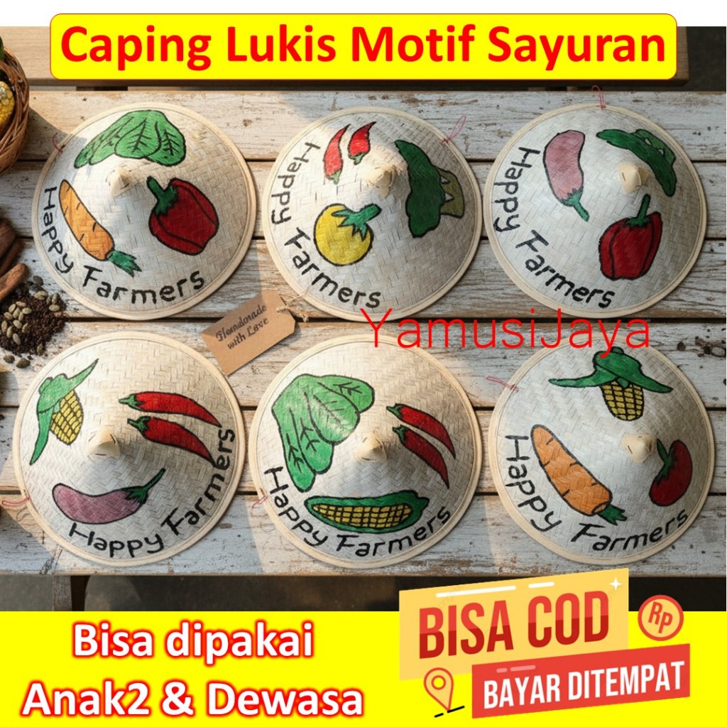 Caping Lukis Anak - Caping Lukis Tema Sayuran FREE Tali Dagu - Topi Caping Petani Anak & Dewasa