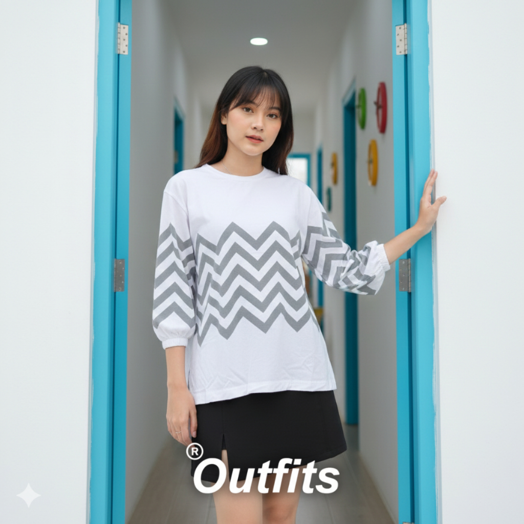 Routfits Kaos Atasan Wanita Lengan Panjang Blouse Hijab Zigzag Bahan Baju Katun Combed 24s