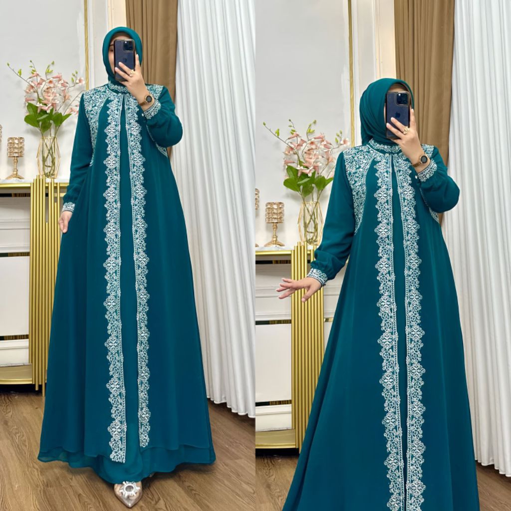 qiqi_Colection Gamis bordir mewah elegan terlaris 2026 dress wanita kekinian ootd pesta gamis set hi
