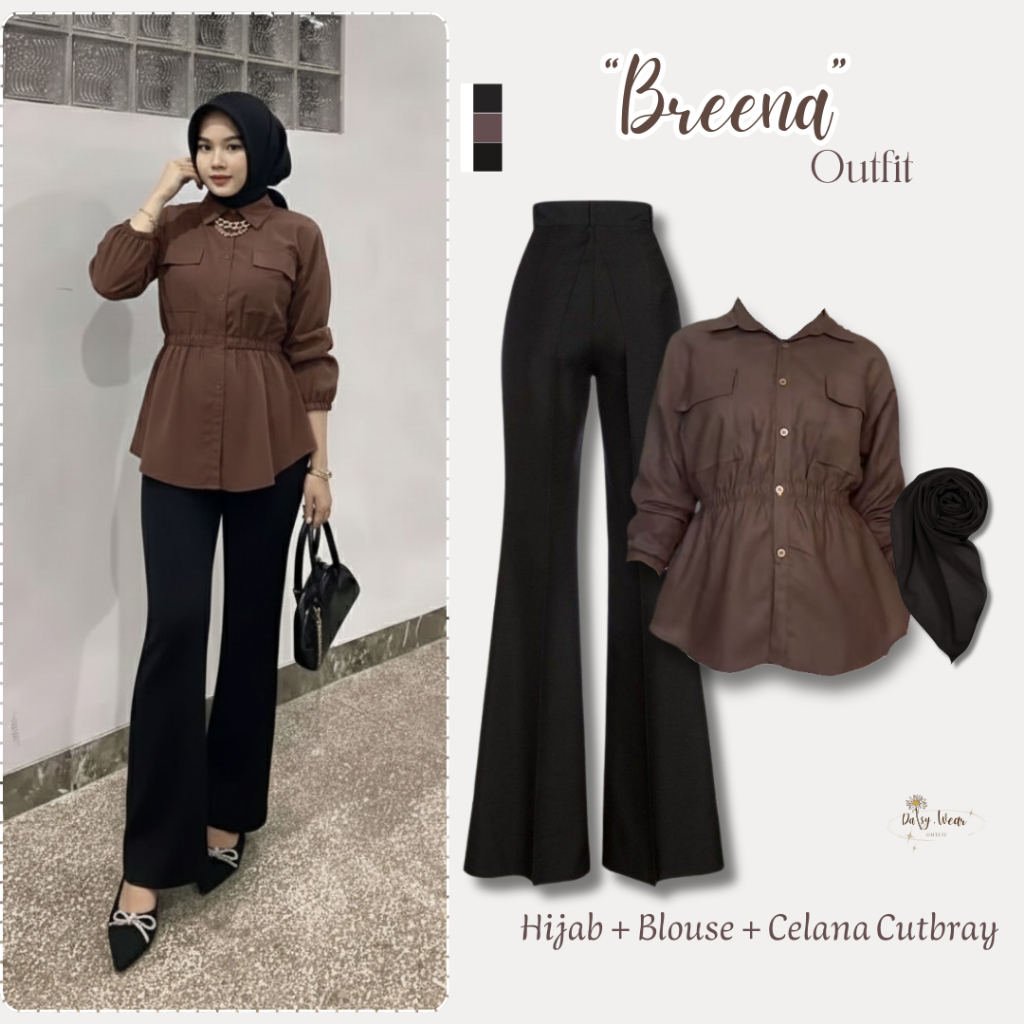 Breena Outfit Set 3in1 | Hijab + Blouse + Celana Cutbray | Setelan Wanita Hijabers Style Reamaja Dew