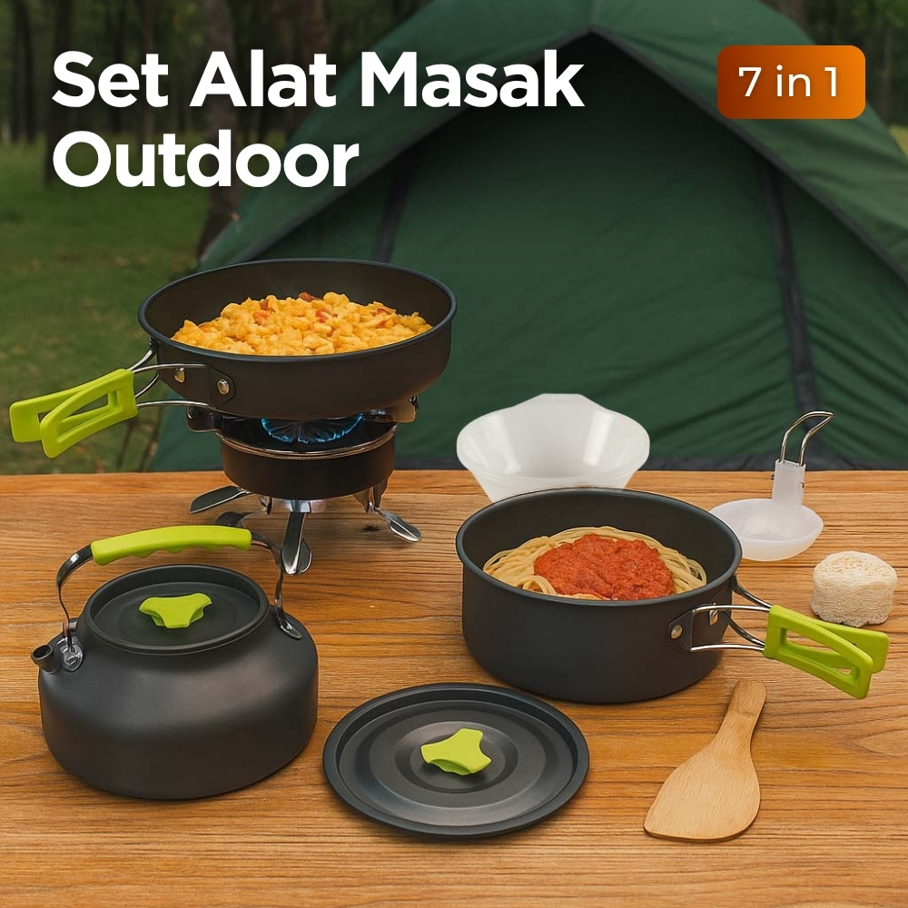 Set Alat Masak Camping Outdoor 7 in 1 – Aluminium Anti Lengket