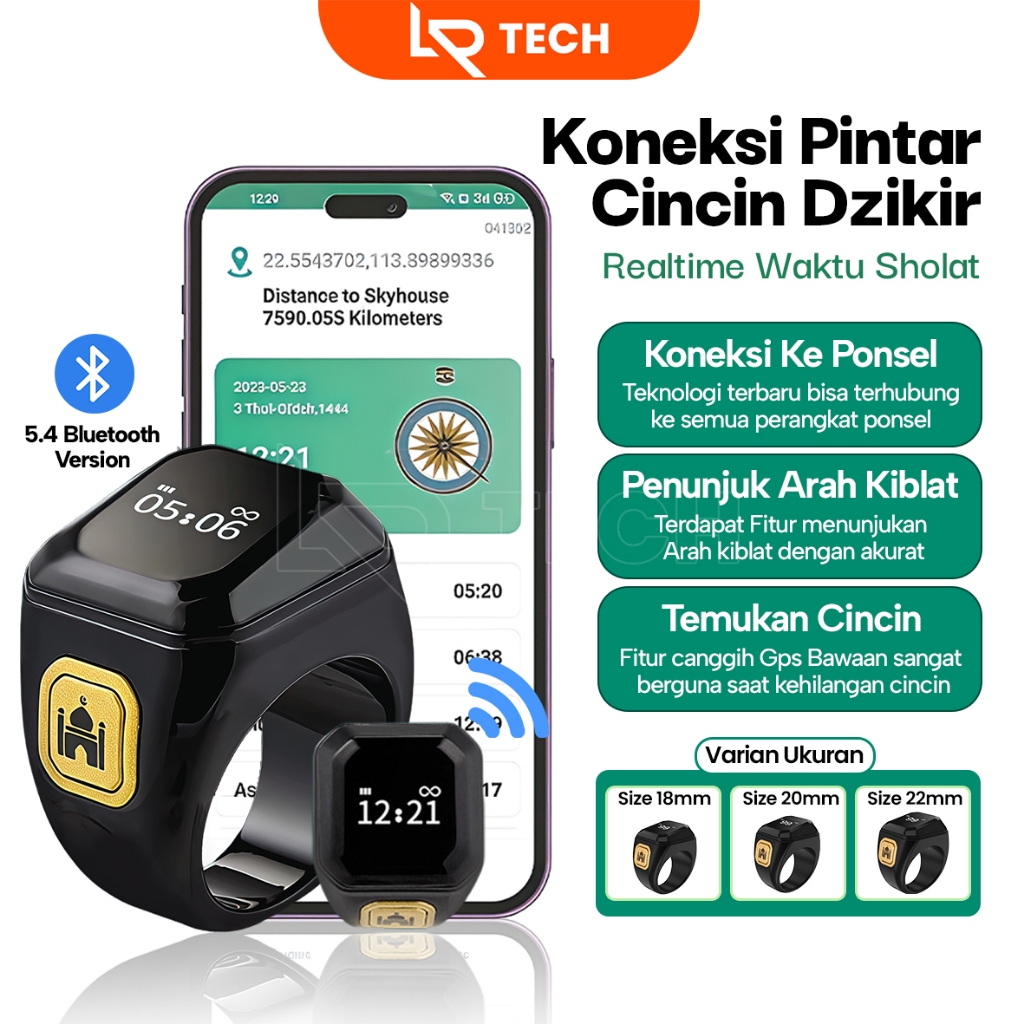 LRTECH Cincin Tasbih Digital Cincin Digital Display Tasbih Zikr Ring Smart Counter Dzikir Bluetooth 