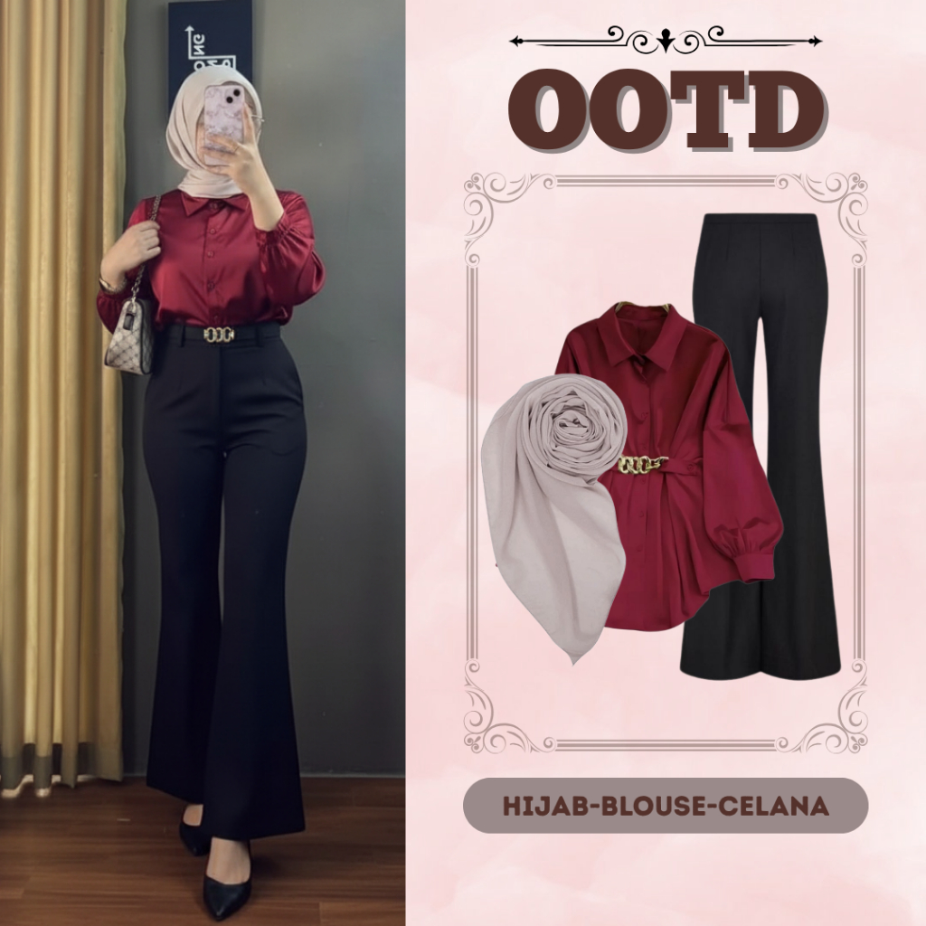 Oneset OOTD Korean Style 3in1 (HIJAB-BLOUSE-CELANA),One Set Wanita Korean Style OOTD ROC03