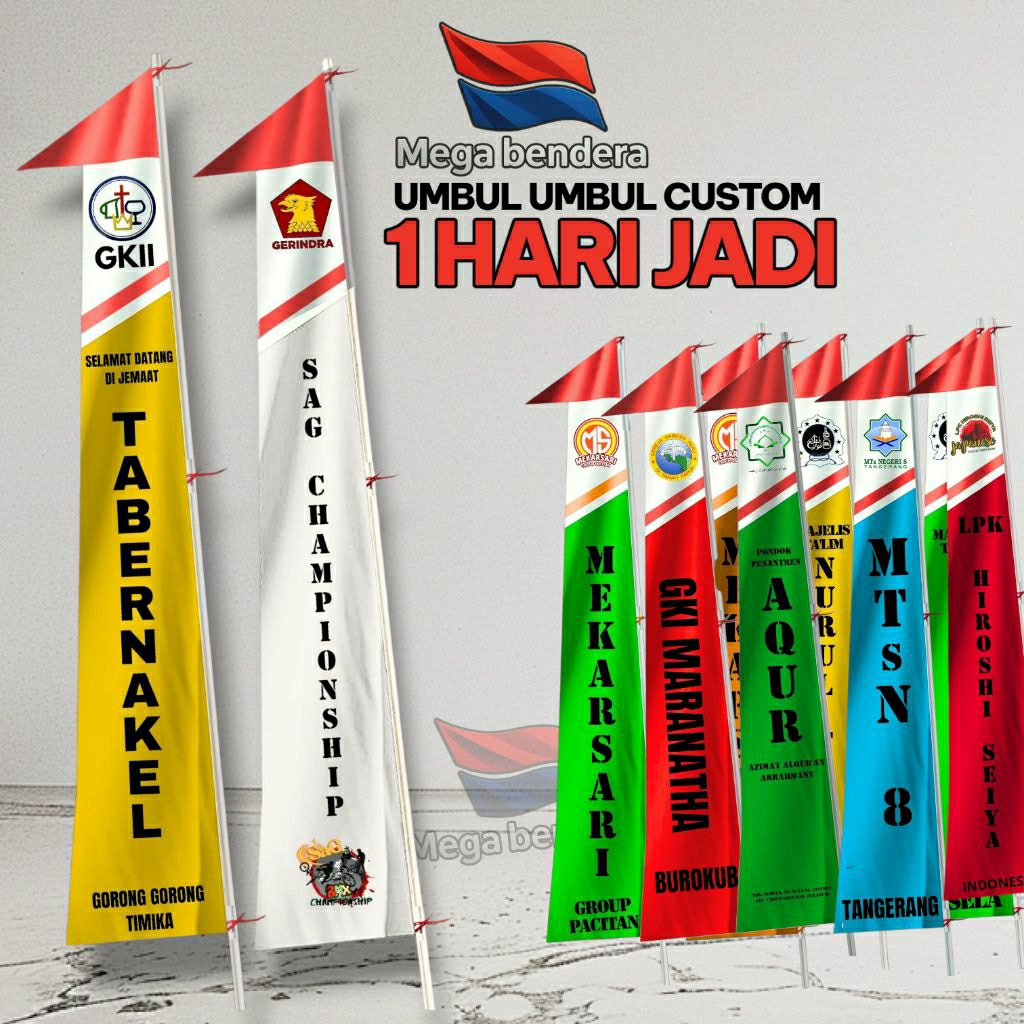 BENDERA UMBUL UMBUL CUSTOM BANDIR FLAT | PANJANG 3 4 5 METER | BEBAS DESAIN