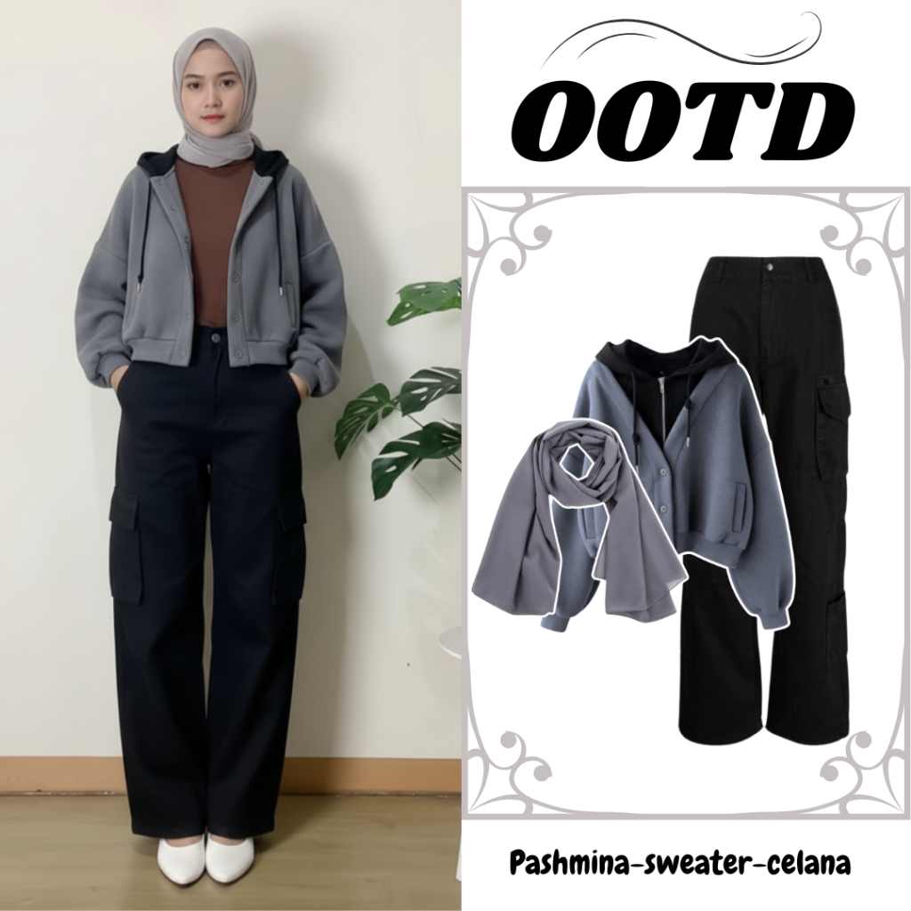 OOTD Outfit Remaja Kekinian (PASHMINA-SWEATER-CELANA),One Set Wanita Remaja Kekinian ROC10