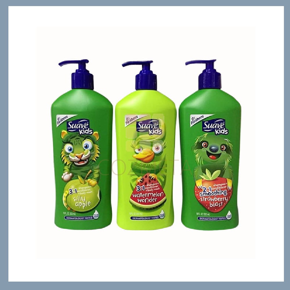Suave Kids 2in1 3in1 Shampoo Conditioner Body Wash Apple Strawberry Watermelon 532ml Sampo Kondision