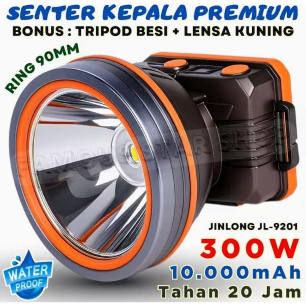 COD Senter Kepala Jinlong JL-9201 cahaya putih300watt bateraf 10000 mAh Lampu - waterproof