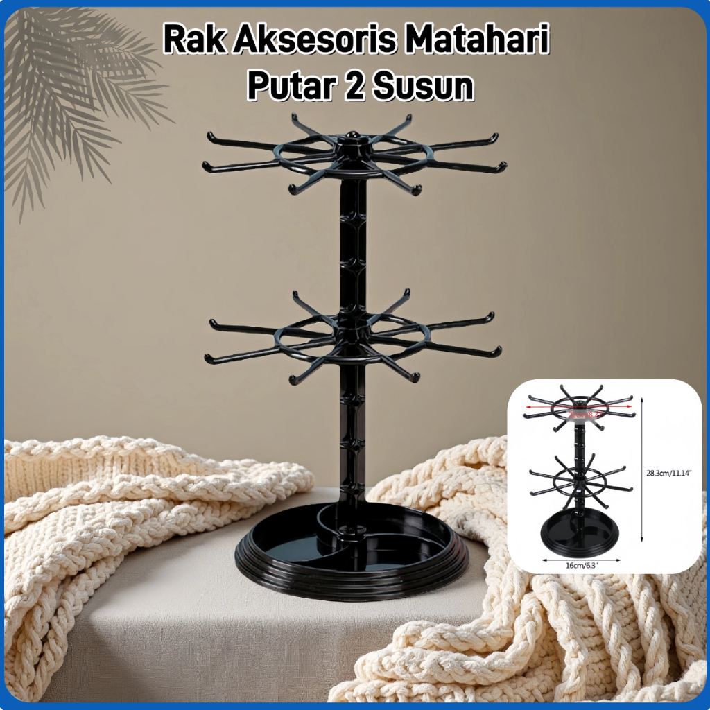 2 Susun Rak Display Putar 360° Matahari Serbaguna Material MDF Tebal Diameter 25cm Tempat Gantungan 