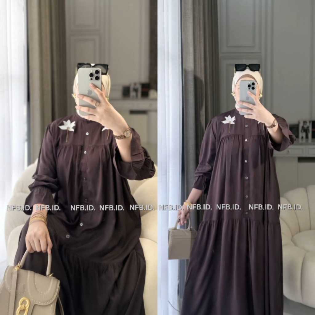 Nagita Dress Gamis Rayon Twill Motif Bunga Bordir Bahan Premium dengan Saku dan Lengan Balon