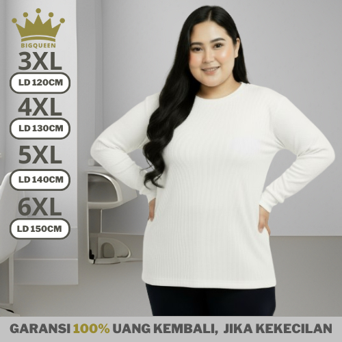 Kaos Polos Wanita Lengan Panjang Jumbo LD 120 130 140 150 Super Nyaman Cotton Premium Putih