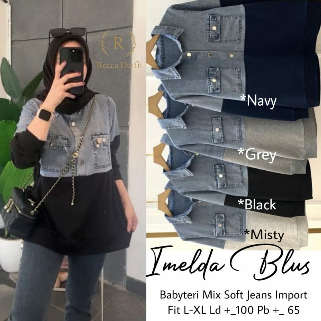 Imelad kaos wanita jumbo ld 120 ld 130 xxxl xxl xl ori moca kaos jeans kombinasi atasan denim premiu