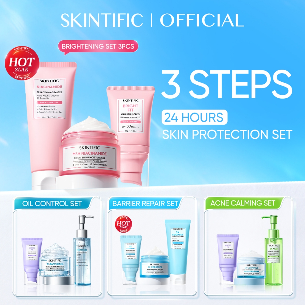 SKINTIFIC - 3PCS Paket Bundle Set | Cleanser + Moisturizer + Sunscreen | SPF 50 PA++++ Brightening G