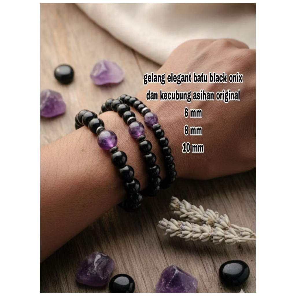 Gelang Batu Black Onyx & 1 Batu Kecubung Ungu Asli