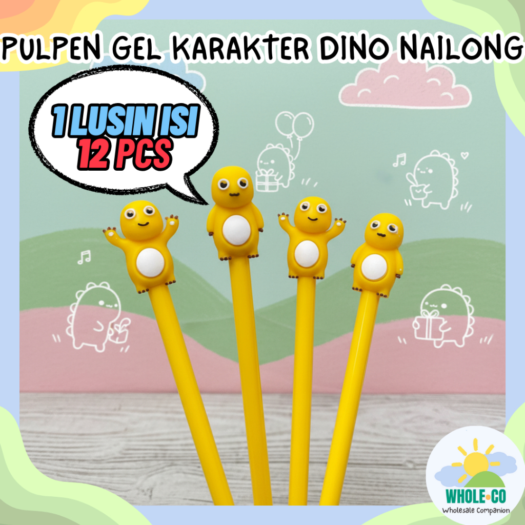 (1 Lusin isi 12 Pcs) Pulpen Gel Nailong Dino Premium Karakter Dinosaurus Kuning Gemoy Pastel Pena Ce