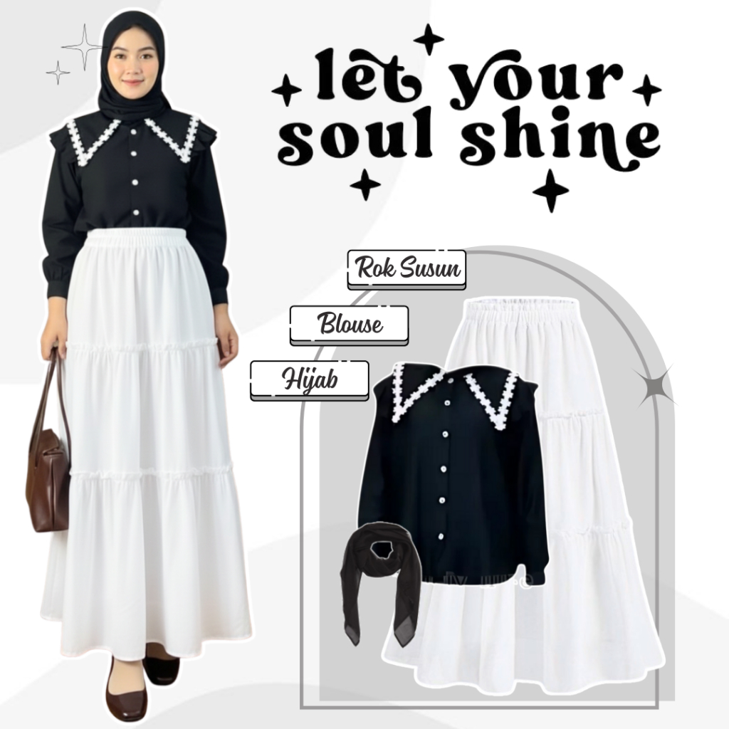 One Set Rok dan Atasan Korean Style (Blouse Wanita Korean Style + Rok Susun Korean Style + Hijab Bel