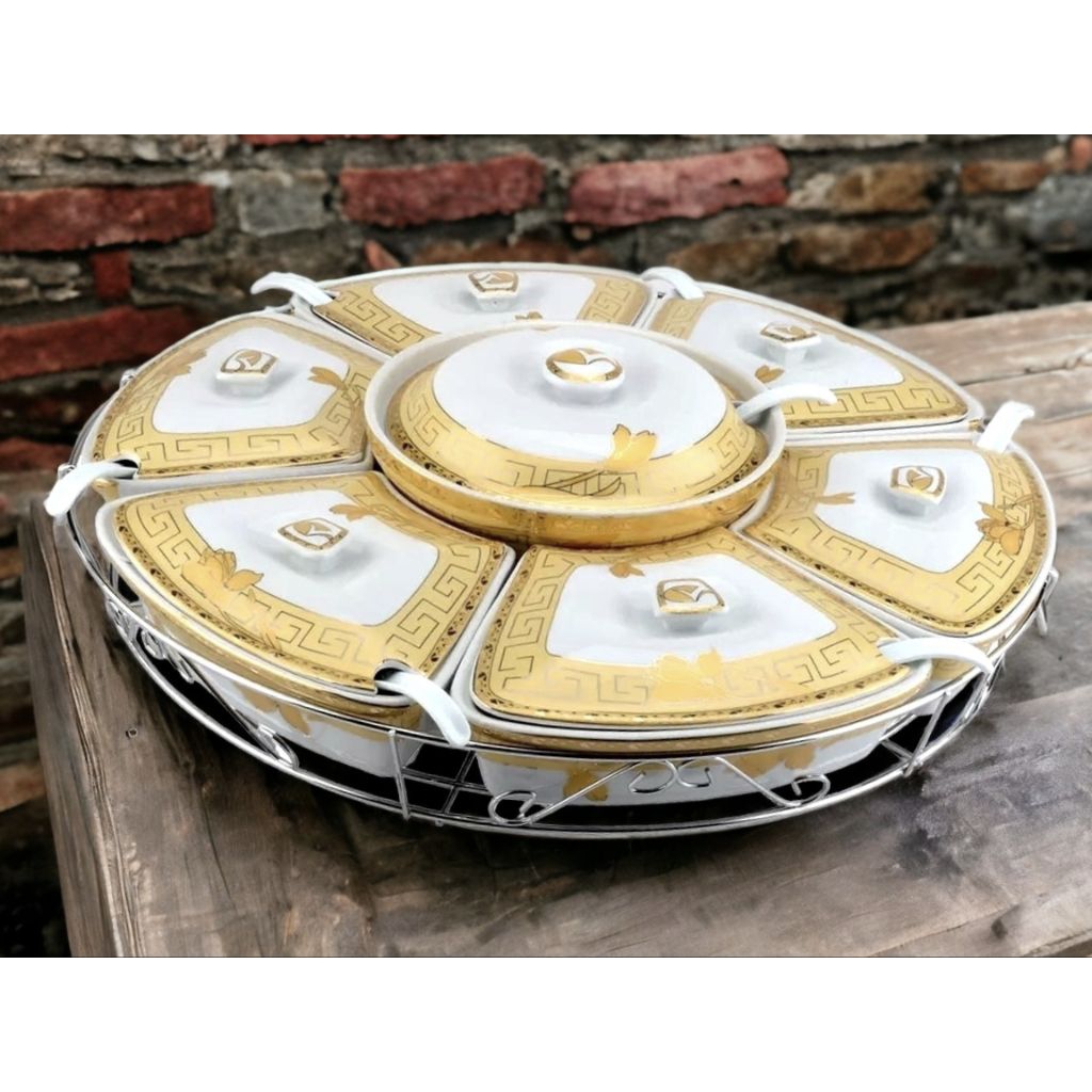 Wadah saji set Vicenza B412, prasmanan besar Lily dilengkapi penutup wadah makanan serta 7 sendok se