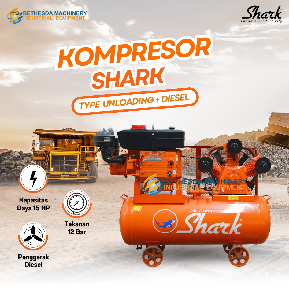 Kompresor Angin 15 HP Shark Unloading Air Compressor 15HP 12 Bar + Diesel ZS 1125M