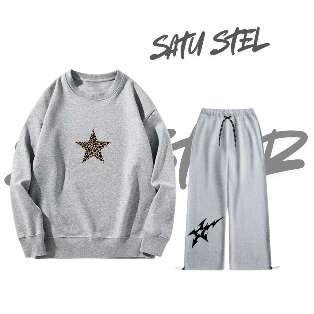 Oneset Crewneck & Celana Cargo Panjang Cowok Cewek Distro Oversize Warna Cream Motif Ston Kombinasi 