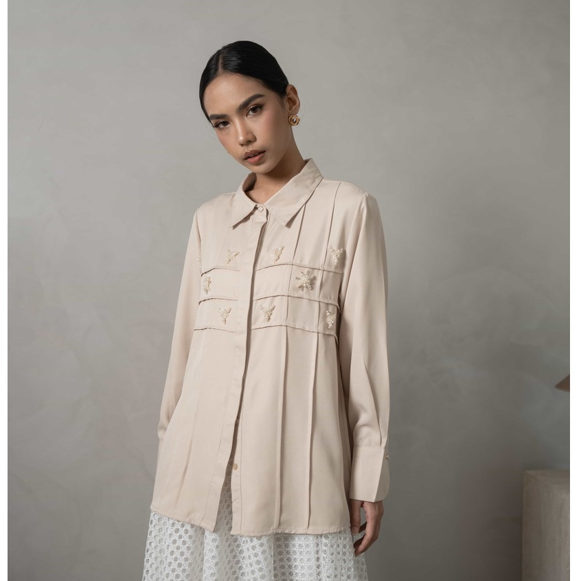 Mayoutfit Denima Shirt | Atasan Kemeja Wanita Basic Aksen Beads